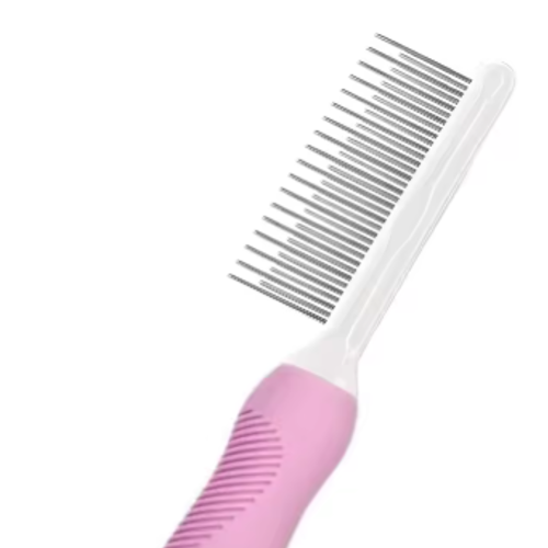 Pink pet comb with white handle on a white background