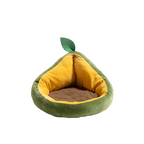 Avocado-shaped pet bed with yellow interior on a white background