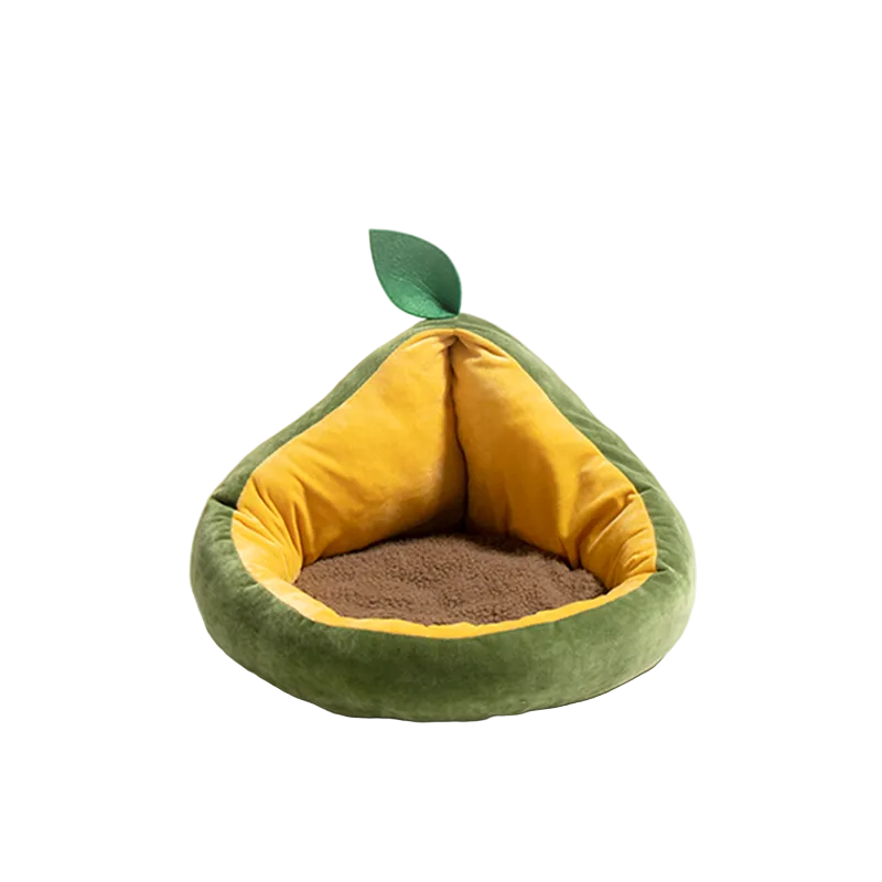 Avocado-shaped pet bed with yellow interior on a white background
