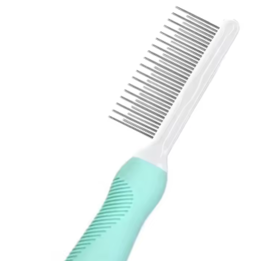 Pet grooming comb with green handle and white teeth on a white background